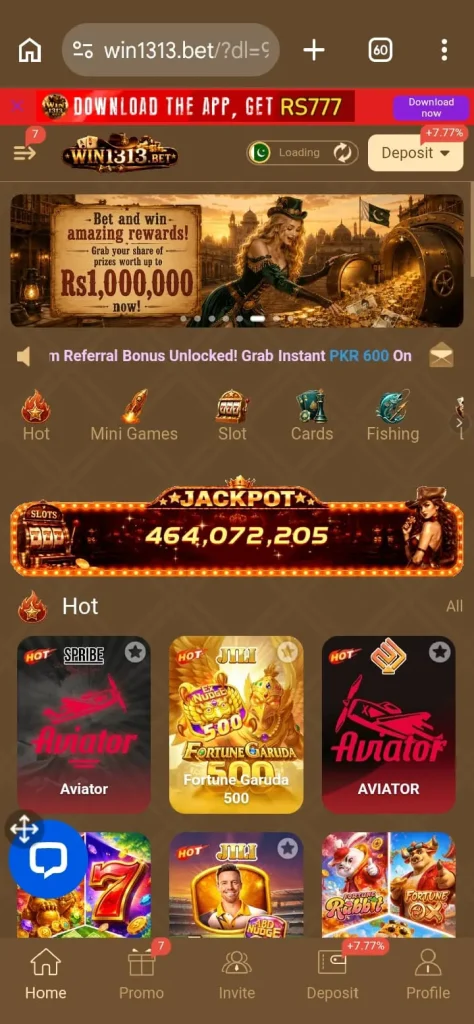 Win1313 Game APK interface screenshot image.